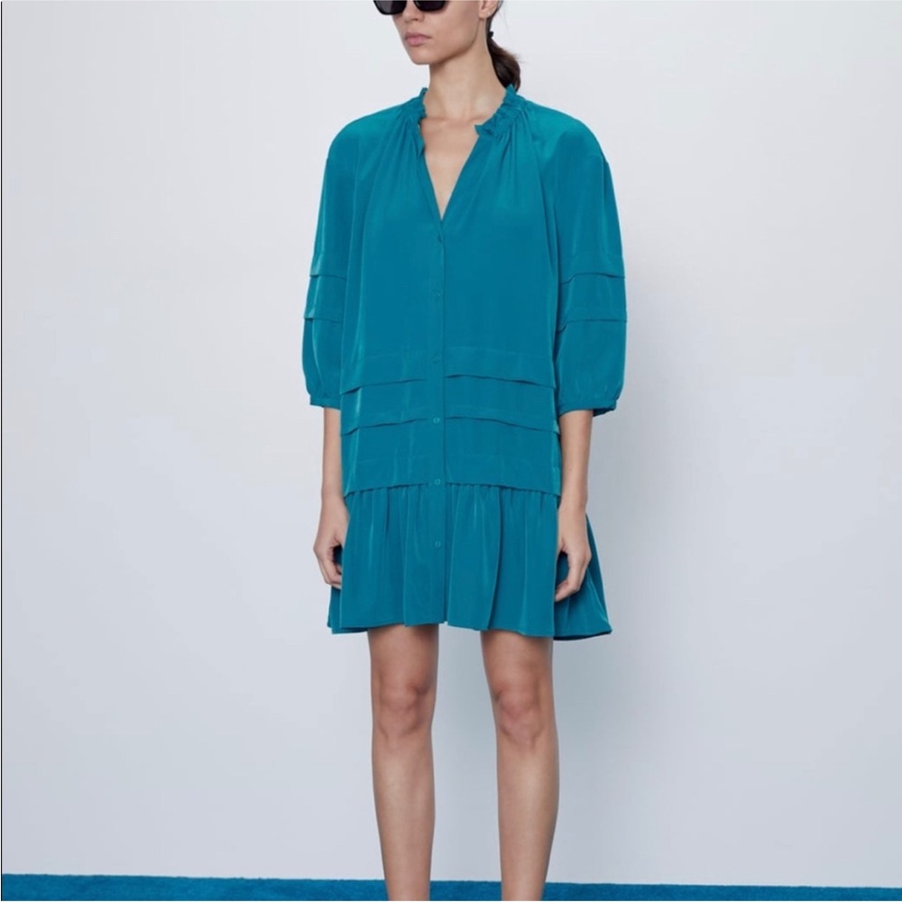 Zara-Teal V-Neck Dress